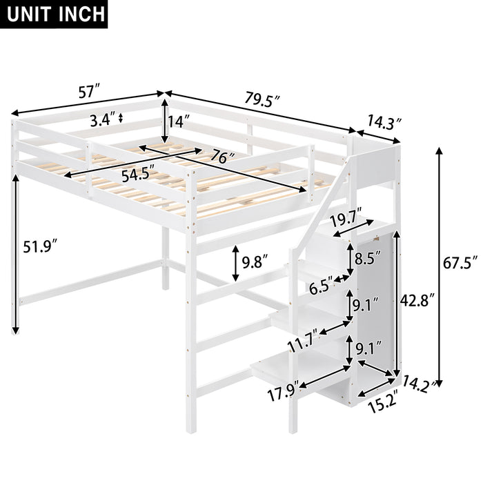 Full Size Loft Bed with Built-in Storage Wardrobe and Staircase, White(Old SKU:SM000527AAK) - DTYStore
