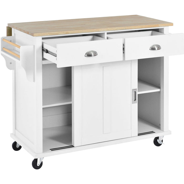 Kitchen Cart with Rubber wood Drop-Leaf Countertop, Concealed sliding barn door adjustable height,Kitchen Island on 4 Wheels with Storage Cabinet and 2 Drawers,L52.2xW30.5xH36.6 inch, White