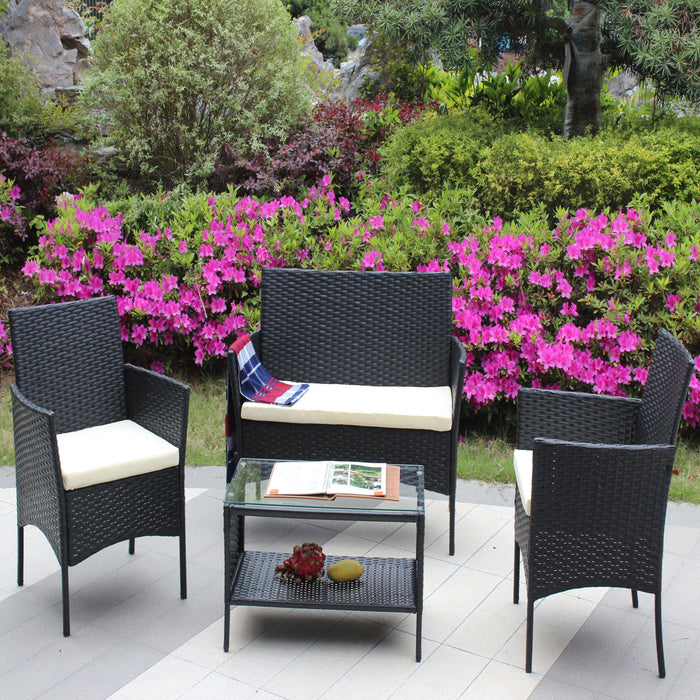 4 PC Rattan Patio Furniture Set Outdoor Patio Cushioned Seat Wicker Sofa (Beige Cushion) - DTYStore