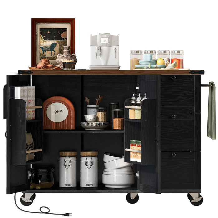 K&K 54.5" Farmhouse Kitchen Island with Power Outlet, Kitchen Storage Island with Internal Storage Rack, Drop Leaf, Spice Rack, Rolling Kitchen Cart on Wheels, for Home, Kitchen and Dining Room,Black