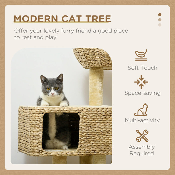 38" Cat Tree for Indoor Cats, Cat Tower with Scratching Posts, Ramp, Condo, Toy Balls, Platform, Bed, Ramp, Beige - DTYStore