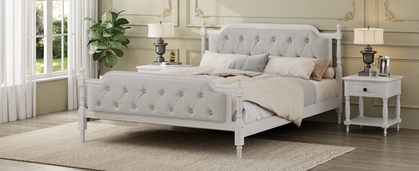 Traditional Style Solid Wood Bed Frame with Upholstered Tufted Headboard,No Box Spring Needed,Queen Size, Antique White - DTYStore