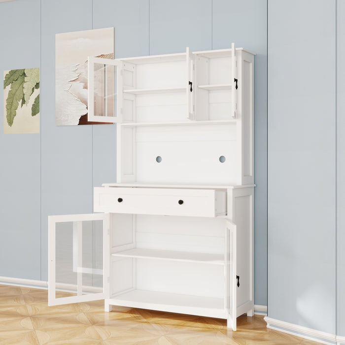 71' Pantry Storage Cabinet with Microwave Oven Countertop, Freestanding Hutch Cabinet with 3 Adjustable Shelves, 5 glass Doors and 1 Large Drawer-White - DTYStore