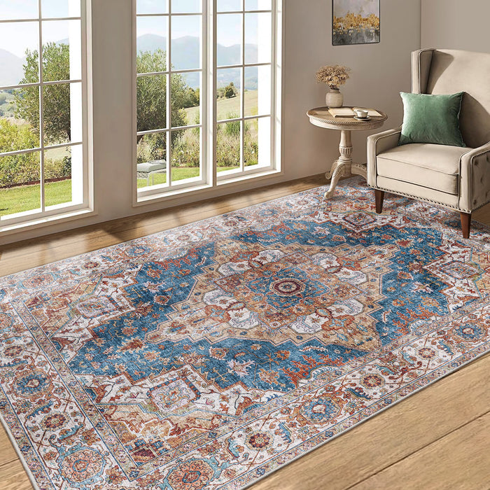 Area Rug 5x7 Vintage Bohemia Large Persian Non-slip Washable Rug For Living Room Kitchen Bedroom Living Room Flower Design Blue/Yellow - DTYStore