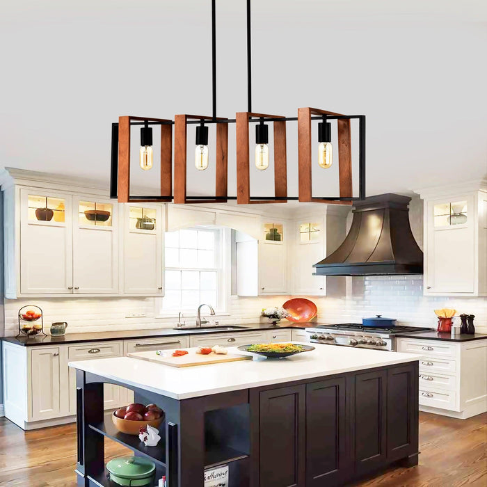 4-Light Kitchen Island Lights Pendant Light Farmhouse Dining Room Light Fixture, Rustic Wood and Black Metal Rectangular Chandelier, 36" Hanging Lighting for Living Room,Conference Room, Home Office