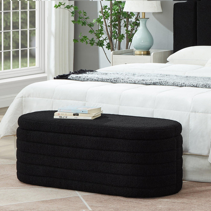 Modern Oval Storage Ottoman Bench, Upholstered Boucle Teddy Fabric End of Bed Bench with Storage, End of Bed Stool with Safety Hinge for Bedroom, Living Room, Entryway, Black