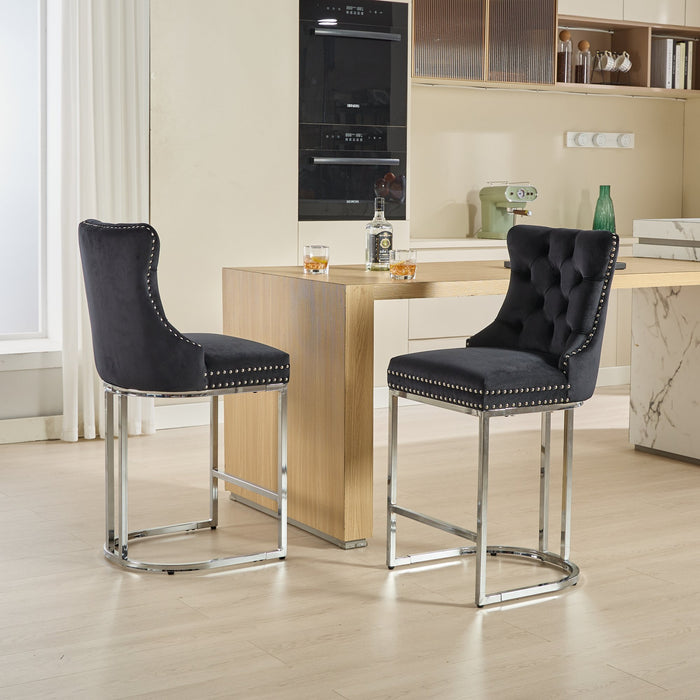 25' Counter Height Bar Stools Set of 2, Modern Velvet Barstools with Button Back&Rivet Trim Upholstered Kitchen Island Chairs with Sturdy Chromed Metal Base Legs Farmhouse Bar Stools, (Black,2 Pack) - DTYStore