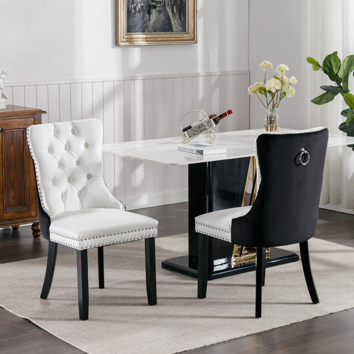 A&A Furniture,Nikki Collection Modern,High-end Tufted Solid Wood Contemporary PU and Velvet Upholstered Dining Chair with Wood Legs Nailhead Trim 2 Pcs Set,White+Black