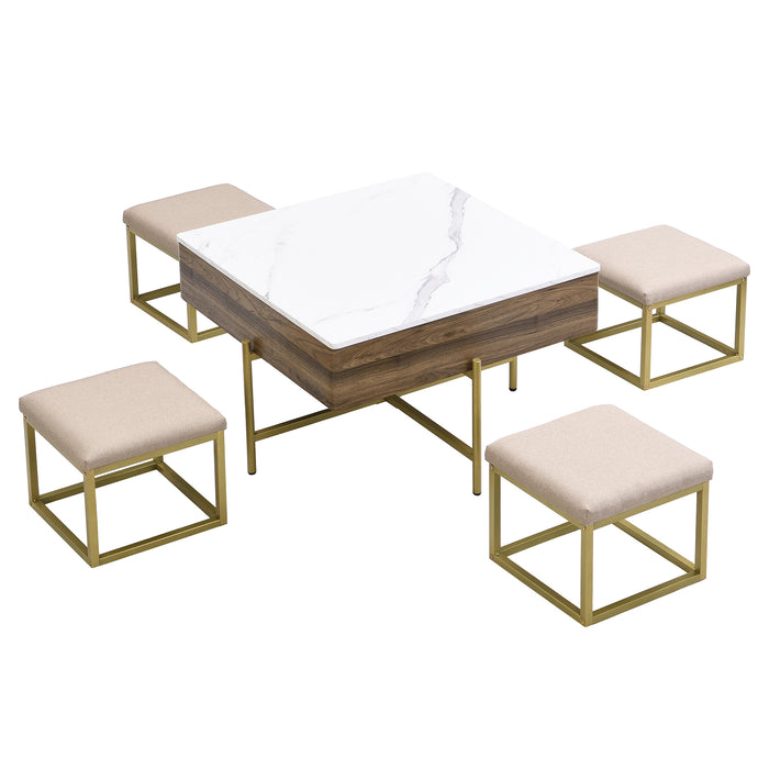 Modern Square Lift-Top Coffee Table Set with Storage & 4 Ottomans White & Walnut - DTYStore
