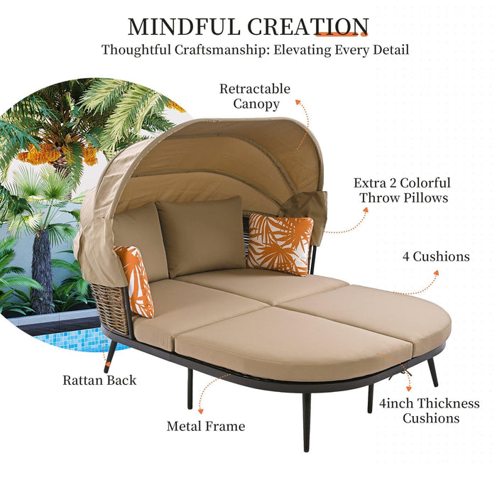 74.8" L Patio Daybed with Retractable Canopy, Outdoor Rattan PE Wicker Loveseat Sofa Set with Throw Pillows and Cushions for Backyard, Poolside, Garden