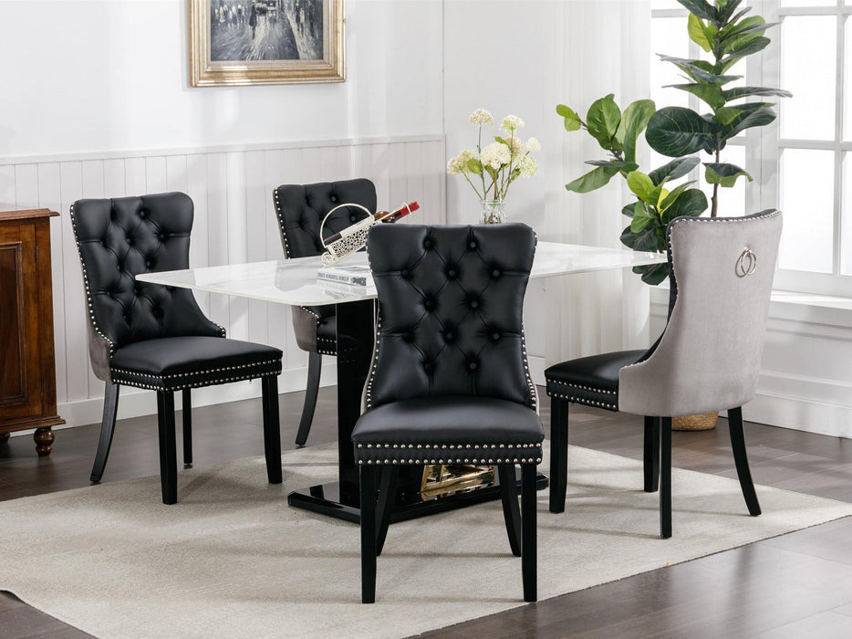 A&A Furniture,Nikki Collection Modern, High-end Tufted Solid Wood Contemporary PU and Velvet Upholstered Dining Chair with Wood Legs Nailhead Trim 2-Pcs Set，Black+Gray