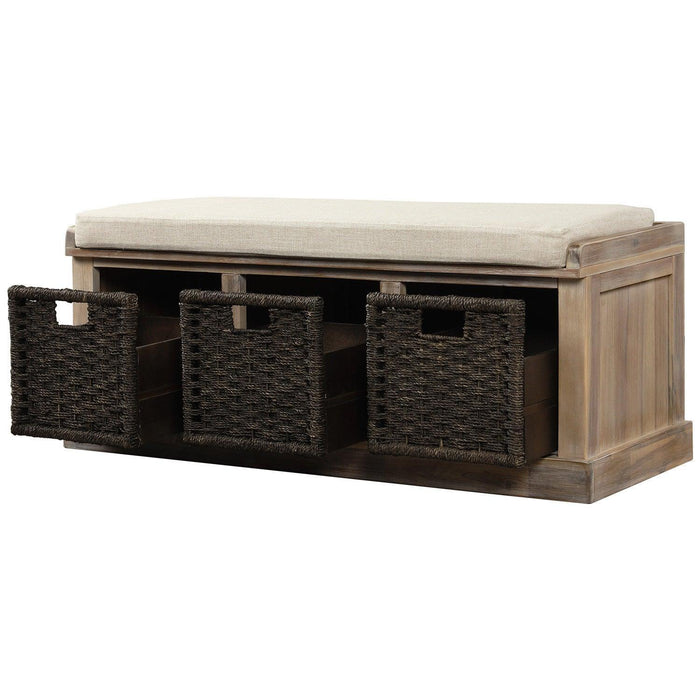 Rustic Storage Bench with 3 Removable Classic Rattan Baskets and Cushion