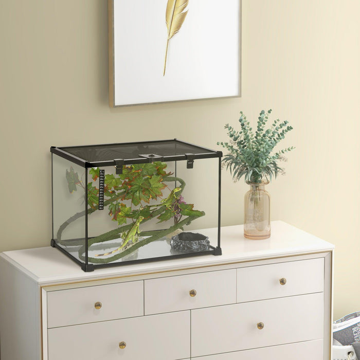 14 Gallon Reptile Glass Terrarium Tank with Decor Kit, Breeding Box Full View with Visually Appealing Sliding Screen Top for Lizards, Frogs, Snakes, Spiders, 20" x 12" x 14", Black - DTYStore