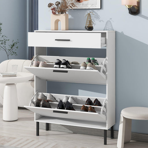 Shoe Cabinet, Freestanding Shoe Rack Storage Organizer with Drawers & Metal Legs, Modern Shoe Storage Cabinet with 2 Flip Drawers for Entryway - DTYStore