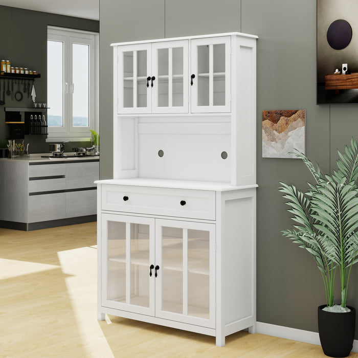 71' Pantry Storage Cabinet with Microwave Oven Countertop, Freestanding Hutch Cabinet with 3 Adjustable Shelves, 5 glass Doors and 1 Large Drawer-White - DTYStore