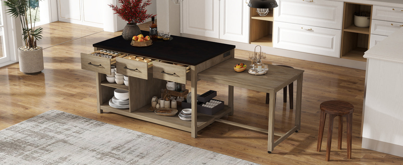 Extendable Kitchen Island with Storage, Multi-Functional Kitchen Cart with Built-In Power Outlets, Retro Kitchen Island on Wheels with Drawers and Open Shelves for Kitchen (Espresso+Natural) - DTYStore