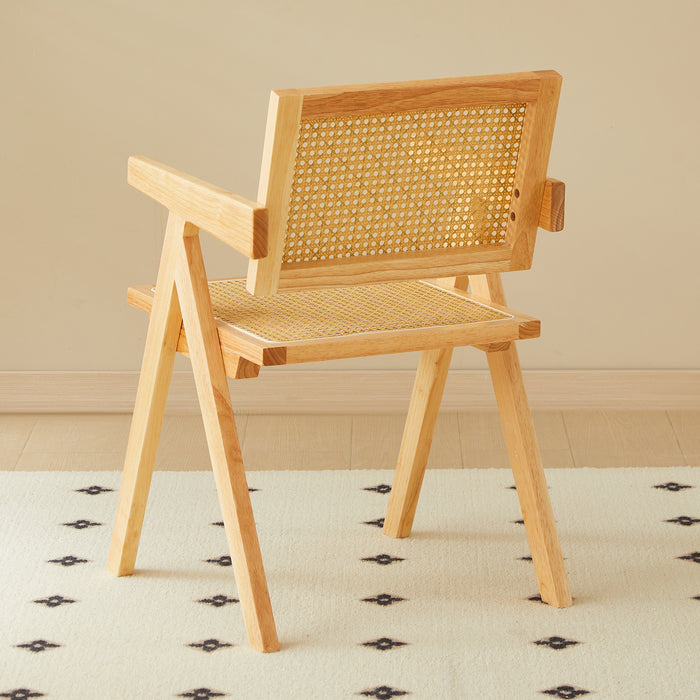 2 dining chairs, natural color, rubber wood rattan weaving technology, armrest solid wood dining chair, living room chair, simple and natural - DTYStore