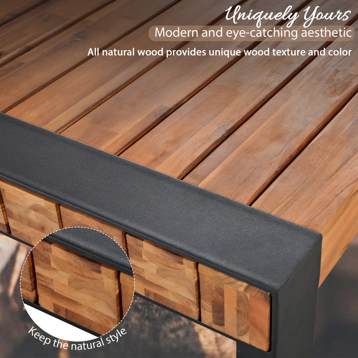 GO 3-pieces Outdoor Dining Table With 2 Benches, Patio Dining Set With Unique Top Texture, Acacia Wood Top & Steel Frame, All Weather Use, For Outdoor & Indoor, Natural - DTYStore