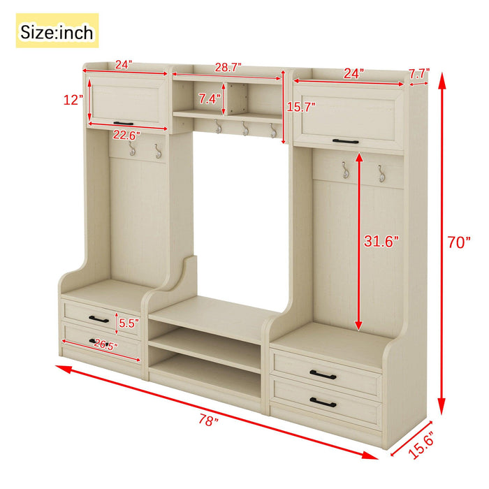 4-in-1 Detachable Hall Tree with Storage and 7 Hooks, Multiple Functions Hallway Coat Rack with Storage Drawers and Cabinet, Antique Beige Shoe Bench for Entryway Hallway