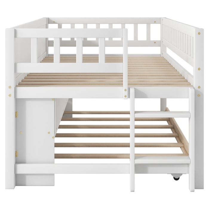 Twin Size Wood Low Loft Bed with Storage Shelves, Blackboard and Trundle, White - DTYStore