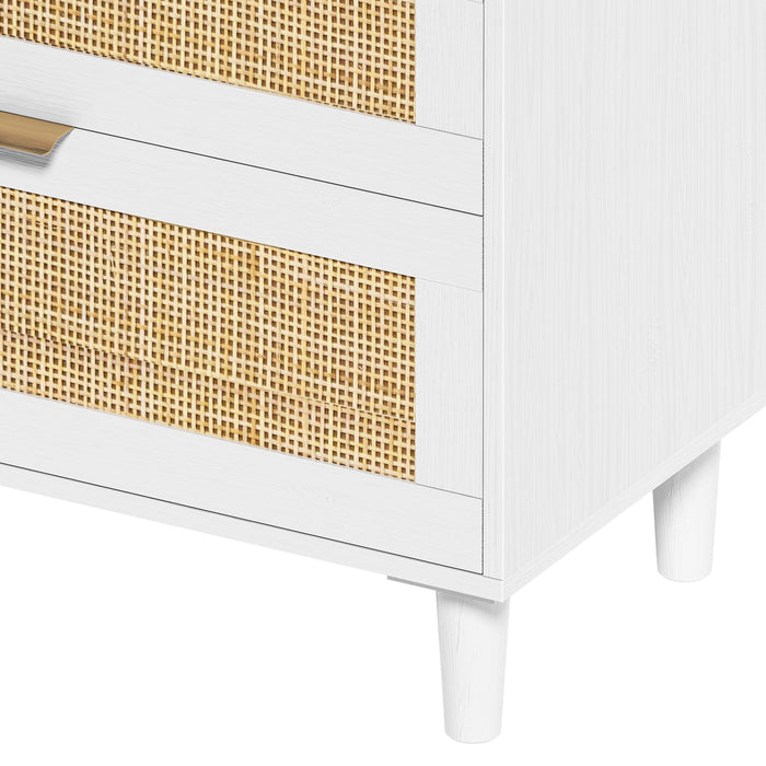 59" Rattan Dresser with Drawers, 6 Drawer Dresser for Bedroom, Clothes Storage Cabinet for Bedroom, Metal Handle&Wood Legs for Hallway, Living Room, Bedroom,White