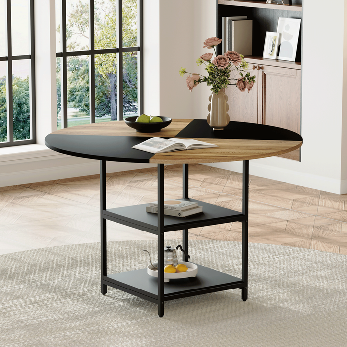 47.3-inch diameter modern splicing circular dining table - double-layer storage, wood and black fan-shaped diagonal color matching design, interpreting home aesthetics and practicality. - DTYStore