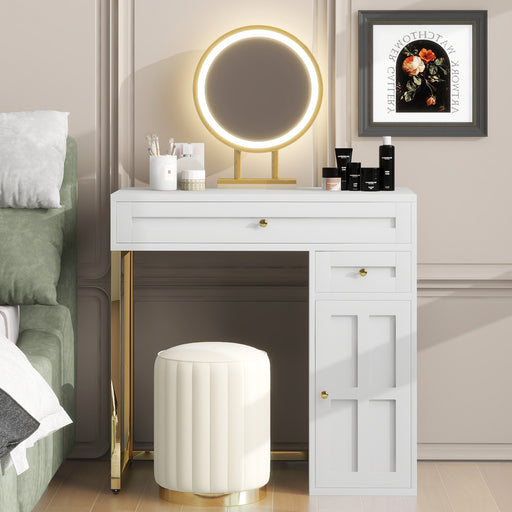 31.5'' Makeup Vanity Desk with Lighted Mirror, Luxury Dressing Table with 2 Drawers and 1 Cabinet, 3 Lighting Modes Available for Bedroom, White-Gold - DTYStore