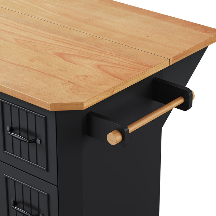 56 inch Kitchen Island with Rubber Wood Veneer Drop Leaf, Power Outlet, 4 Door Shelves, Embossed Vertical Stripe Rolling Kitchen Cart on 4 Wheels with 6 Deep Drawers for Kitchen, Dining Room,Black - DTYStore