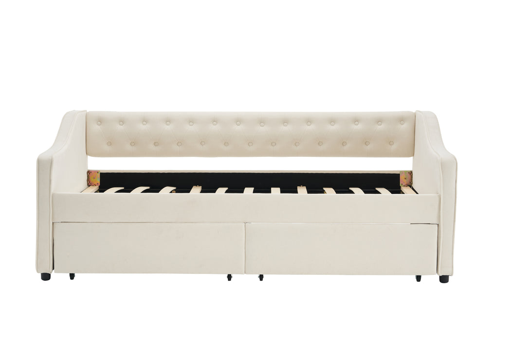 Twin Size Upholstered Daybed with Storage Drawers, Solid Wood Sofábed Bed Frame with Velvet Fabric & Wood Slat Support for Bedroom, Living Room, Office,Beige - DTYStore