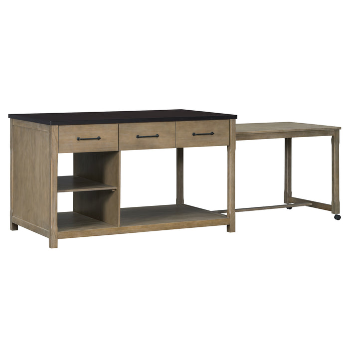 Extendable Kitchen Island with Storage, Multi-Functional Kitchen Cart with Built-In Power Outlets, Retro Kitchen Island on Wheels with Drawers and Open Shelves for Kitchen (Espresso+Natural) - DTYStore