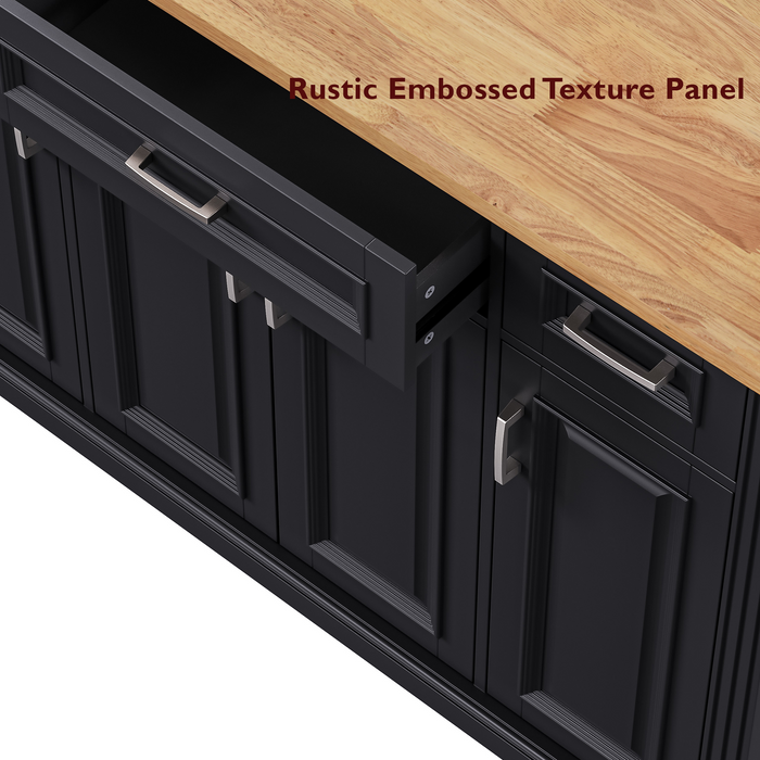 54inch Large Kitchen Island with Rubber Wood Drop Leaf, Embossed Texture Rolling Kitchen Cart on 4 Wheels with 4 Doors and 3 Drawers, Kitchen Island with Storage for Kitchen, Dining Room,Black - DTYStore