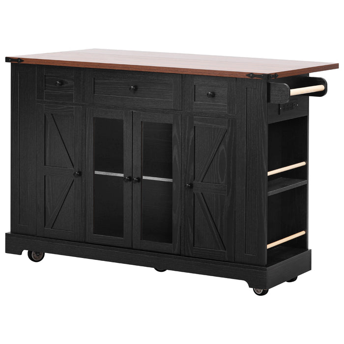 53'' Farmhouse Kitchen Island with Two Tempered Glass Cabinet Doors, Power Outlet, Rolling Kitchen Cart on Wheels with Drop Leaf, 5 Open Side Racks, 3 Drawers, for Kitchen, Dining Room, Black - DTYStore