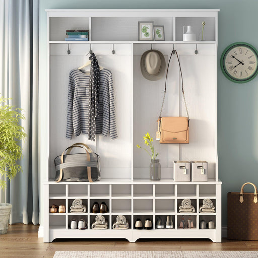 Modern Style Multiple Functions Hallway Coat Rack with Metal Black Hooks, Entryway Bench 60" Wide Hall Tree with Ample Storage Space and 24 Shoe Cubbies , White ( OLD SKU: WF286983AAK ) - DTYStore
