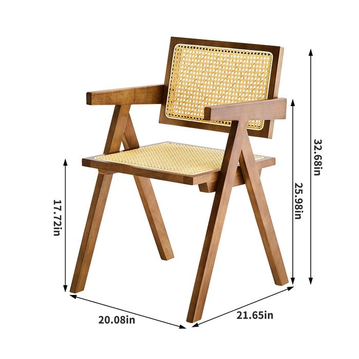 2 dining chairs, walnut color, using rubber wood rattan weaving process, armrest solid wood dining chair, living room chair, simple and natural - DTYStore