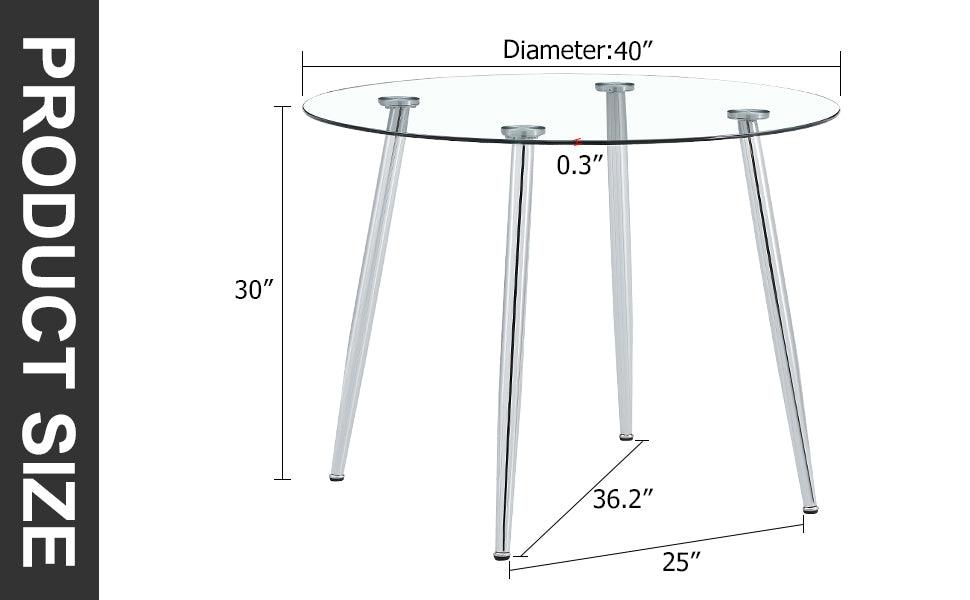 A glass tabletop with a diameter of 40 inches and a modern minimalist circular dining table with electroplated silver metal legs. Suitable for restaurants, living rooms, and conference rooms.