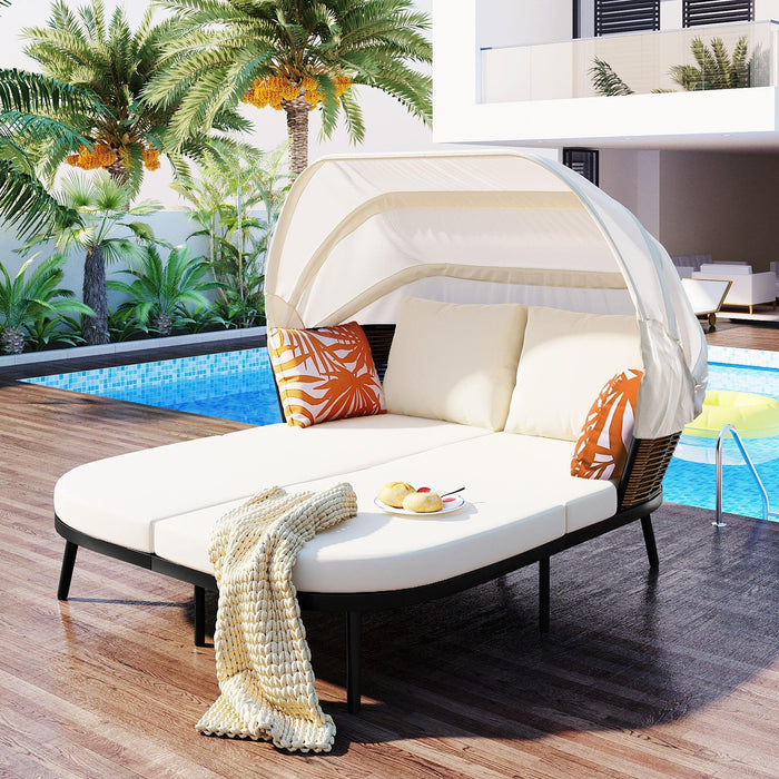 TOPMAX 74.8" L Patio Daybed with Retractable Canopy, Outdoor Rattan PE Wicker Back Loveseat Sofa Set with Throw Pillows and Cushions for Backyard, Poolside, Garden, Beige