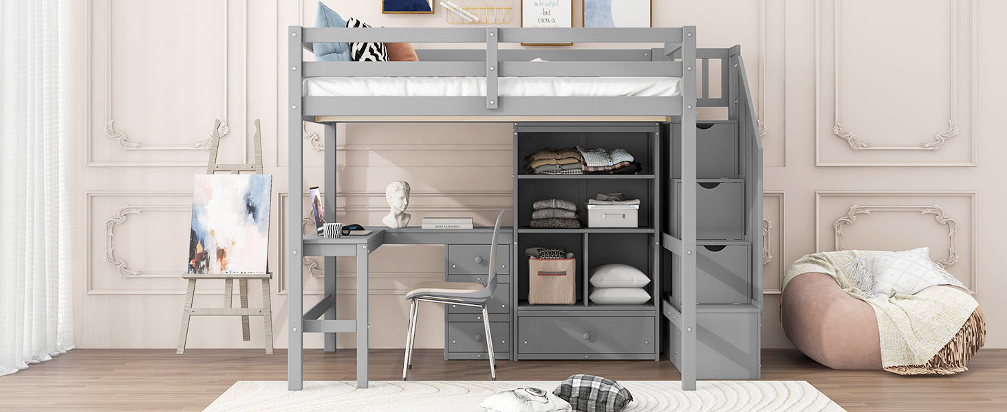 Full Size Loft Bed with L-Shaped Desk and Drawers, Cabinet and Storage Staircase, Gray - DTYStore