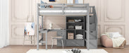 Full Size Loft Bed with L-Shaped Desk and Drawers, Cabinet and Storage Staircase, Gray - DTYStore
