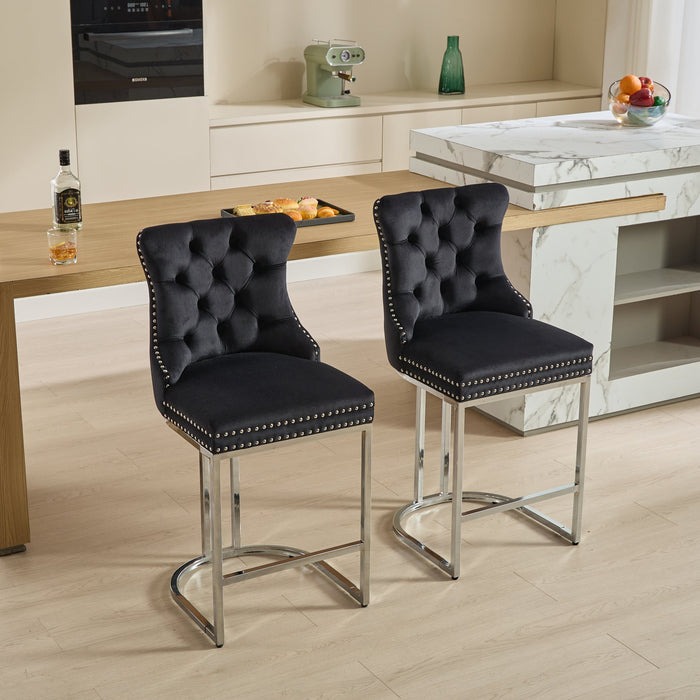 25' Counter Height Bar Stools Set of 2, Modern Velvet Barstools with Button Back&Rivet Trim Upholstered Kitchen Island Chairs with Sturdy Chromed Metal Base Legs Farmhouse Bar Stools, (Black,2 Pack) - DTYStore