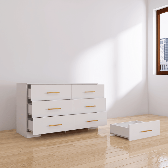 White Color Large 6 Drawers Chest of Drawer Dressers Table with golden handle