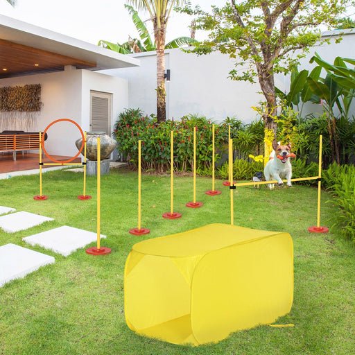 4-Piece Dog Agility Training Equipment Doggie Obstacle Course with Tunnel, Hurdle Bar, Hoop, Weave Poles, and Easy Carry Case - DTYStore