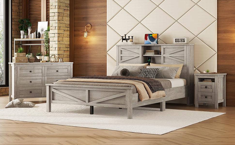 3-Pieces Bedroom Sets Queen Size Farmhouse Platform Bed with Double Sliding Door Storage Headboard and Charging Station, Storage Nightstand and Dresser, Antique Gray