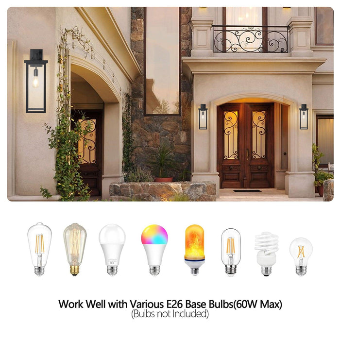 Set of 2 Modern Outdoor Wall Lanterns with Black Metal Frame and Clear Glass, Weatherproof Wall Sconces for Porch, Garage, or Entryway Lighting, E26 Bulb Compatible - DTYStore