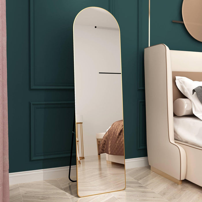 The 1st Generation of Floor Mounted Full Length Mirrors. Aluminum alloy metal frame arched wall mirror, bathroom makeup mirror, bedroom porch, wall mounted. Gold 60 "* 16.5"