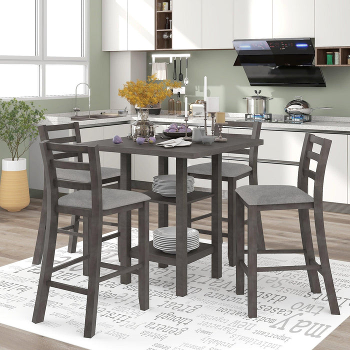 5-Piece Wooden Counter Height Dining Set with Padded Chairs and Storage Shelving