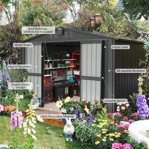 Outdoor Storage Shed 10'x 8', Metal Garden Shed for Bike, Trash Can, Tools, Galvanized Steel Outdoor Storage Cabinet with Lockable Door for Backyard, Patio, Lawn (10x8ft, Black) - DTYStore