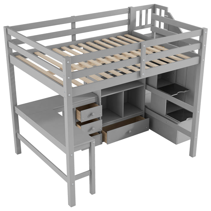 Full Size Loft Bed with L-Shaped Desk and Drawers, Cabinet and Storage Staircase, Gray - DTYStore