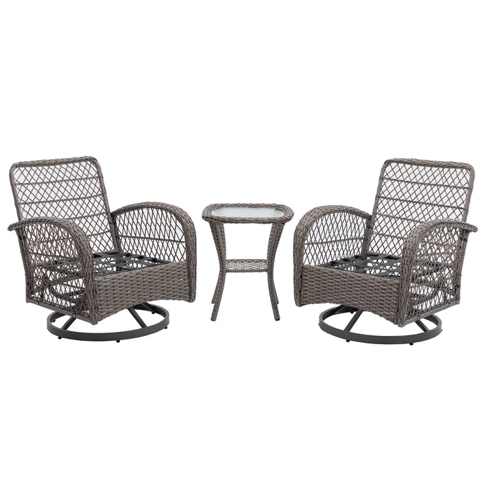 3 Pieces Outdoor Swivel Rocker Patio Chairs, 360 Degree Rocking Patio Conversation Set with Thickened Cushions and Glass Coffee Table for Backyard, Grey - DTYStore
