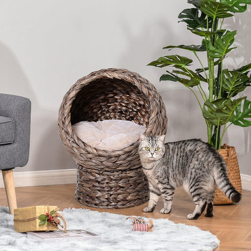Handwoven Elevated Cat Bed with Soft Cushion & Cat Egg Chair Shape, Cat Basket Bed Kitty House with Stand, Raised Wicker Cat Bed for Indoor Cats, 23.5" H, Gray - DTYStore