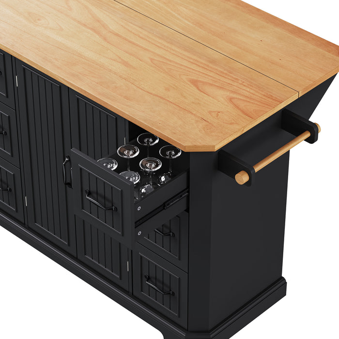 56 inch Kitchen Island with Rubber Wood Veneer Drop Leaf, Power Outlet, 4 Door Shelves, Embossed Vertical Stripe Rolling Kitchen Cart on 4 Wheels with 6 Deep Drawers for Kitchen, Dining Room,Black - DTYStore